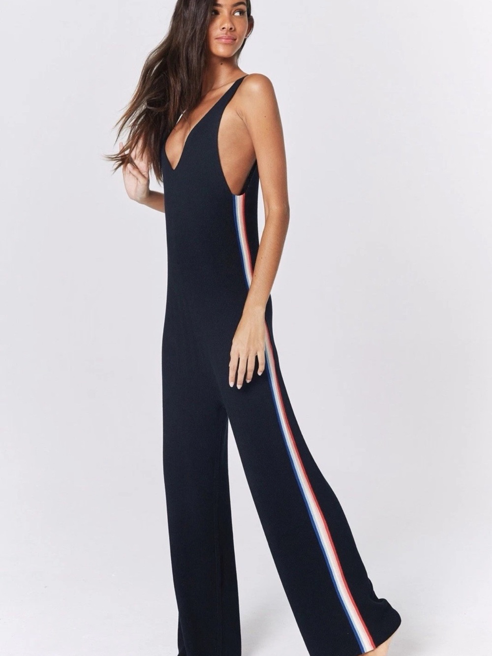 MADELEINE THOMPSON  Wide-Leg Jumpsuit with Red-White-Blue Side Stripes